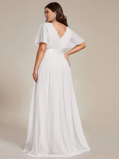 Roselledress Soft A-Line V-Neck Flutter-Sleeve V-Zip-Back Floor-Length Plus Size Weeding Guest Dress