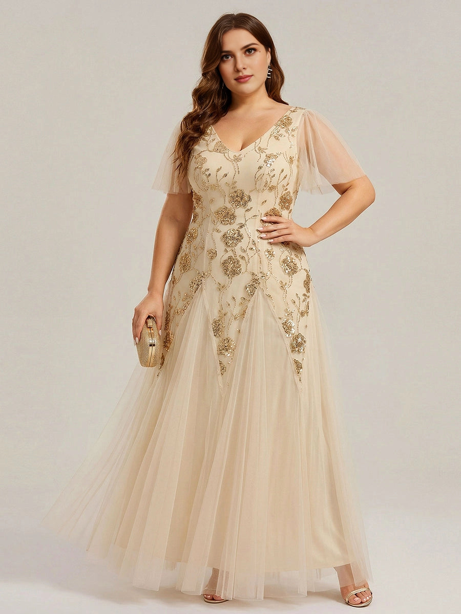 roselledress champagne plus size wedding guest dress a line v neck flutter sleeve gold sequin tulle formal evening gown front view