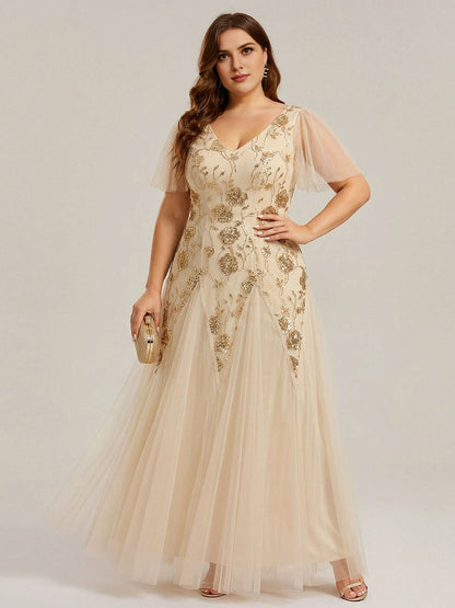 roselledress champagne plus size wedding guest dress a line v neck flutter sleeve gold sequin tulle formal evening gown front view