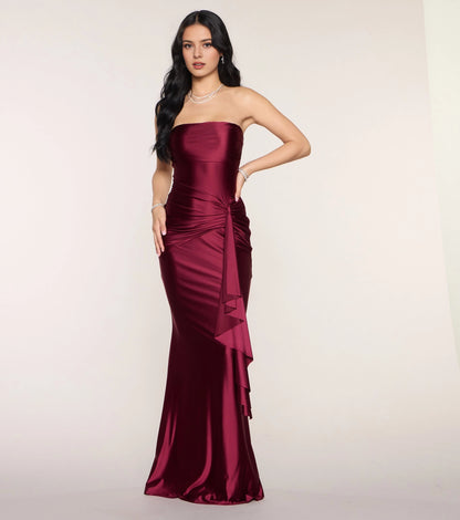 RoselleDress Burgundy Glossy Satin Strapless Tube Mermaid Maxi Bridesmaid Dress With Side Ruffle For Fall Wedding Guest