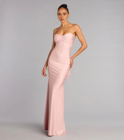 Burgundy Satin Mermaid Strapless Sweetheart Bow Tie Back Maxi Prom Dress