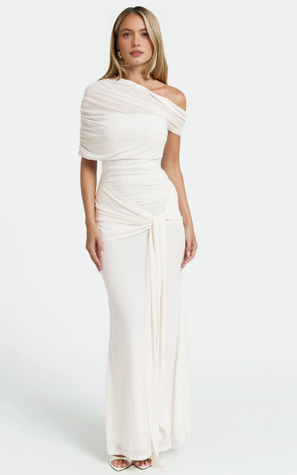 Romantic Mermaid One Shoulder Mesh Short Sleeve Open Back Tie Waist Plus Size Maxi Wedding Guest Dress