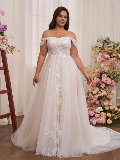 Gorgeous A‑Line Sweetheart Off‑Shoulder Lace‑Up‑Back Train Plus Size Wedding Dress