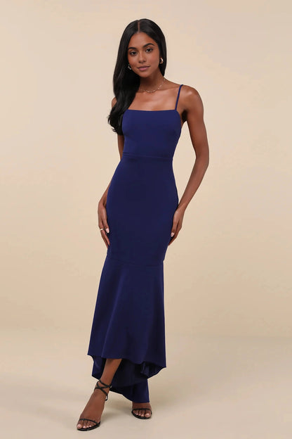 Sleek Mermaid Spaghetti V-Back Square Long Prom Dress