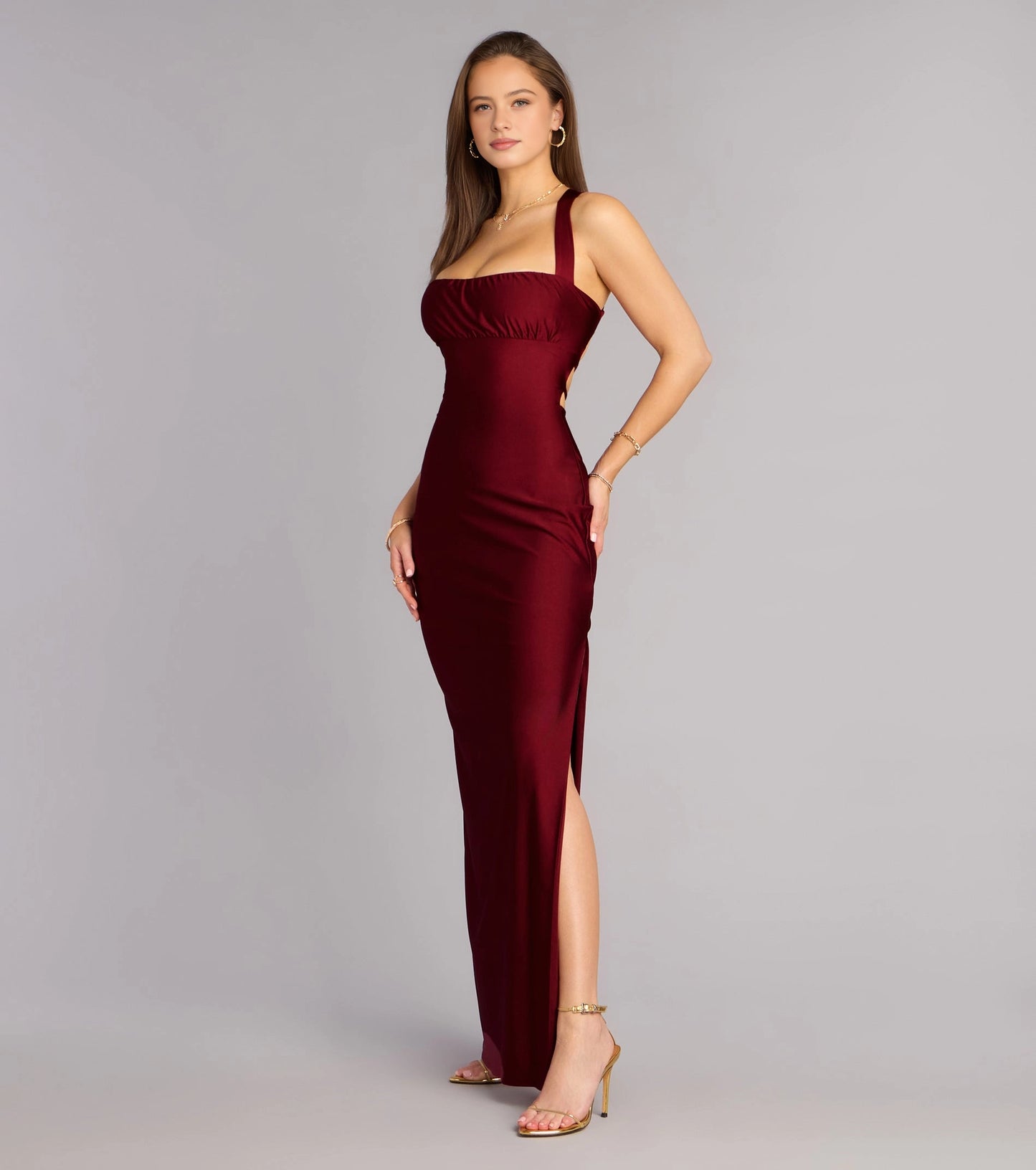 RoselleDress burgundy stretch square neck one wide strap ruched column prom maxi dress with thigh slit