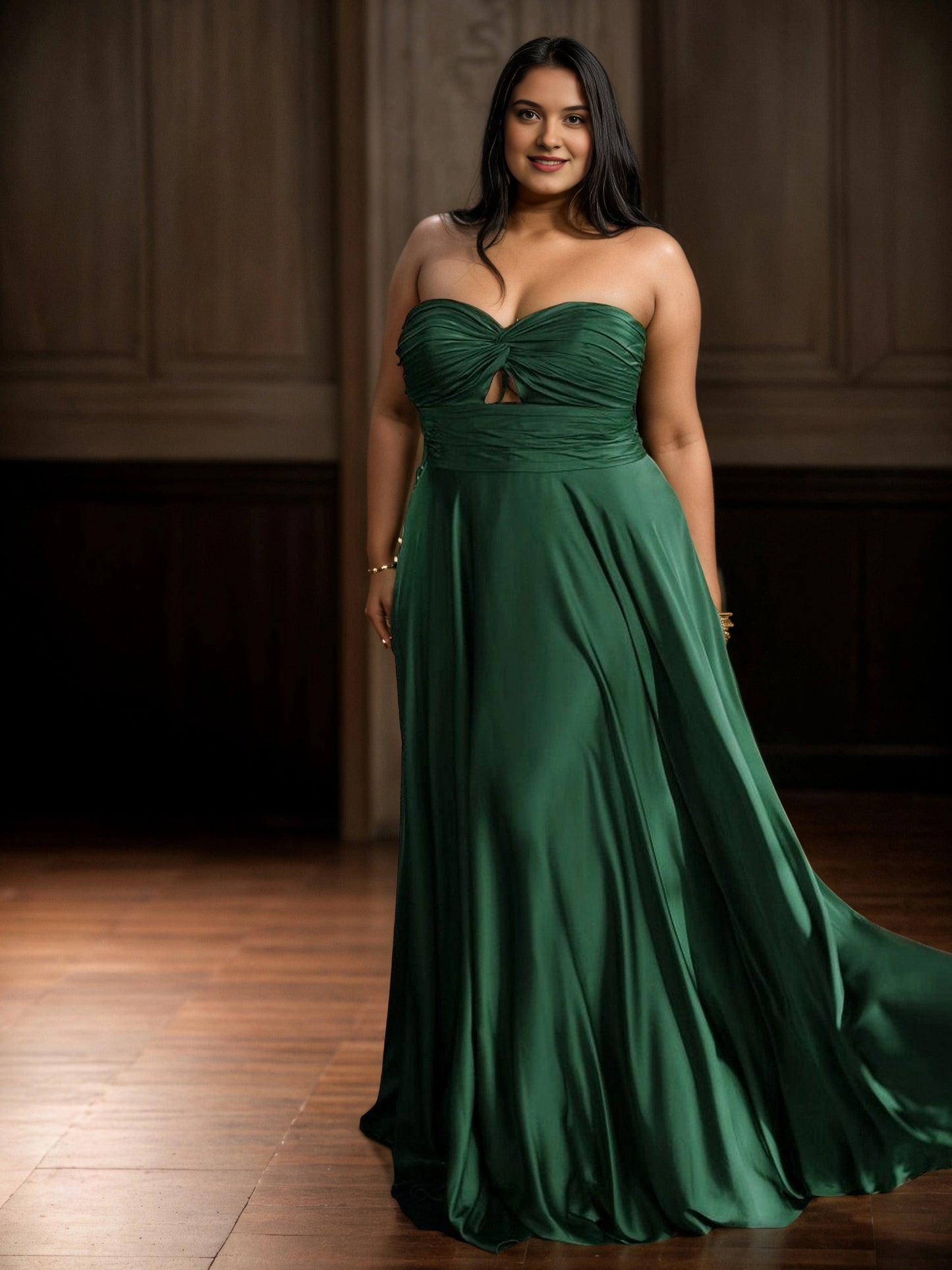 Black Satin A‑Line Sweetheart Strapless Closed‑Back Maxi Plus Size Wedding Guest Dress