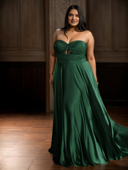 Black Satin A‑Line Sweetheart Strapless Closed‑Back Maxi Plus Size Wedding Guest Dress