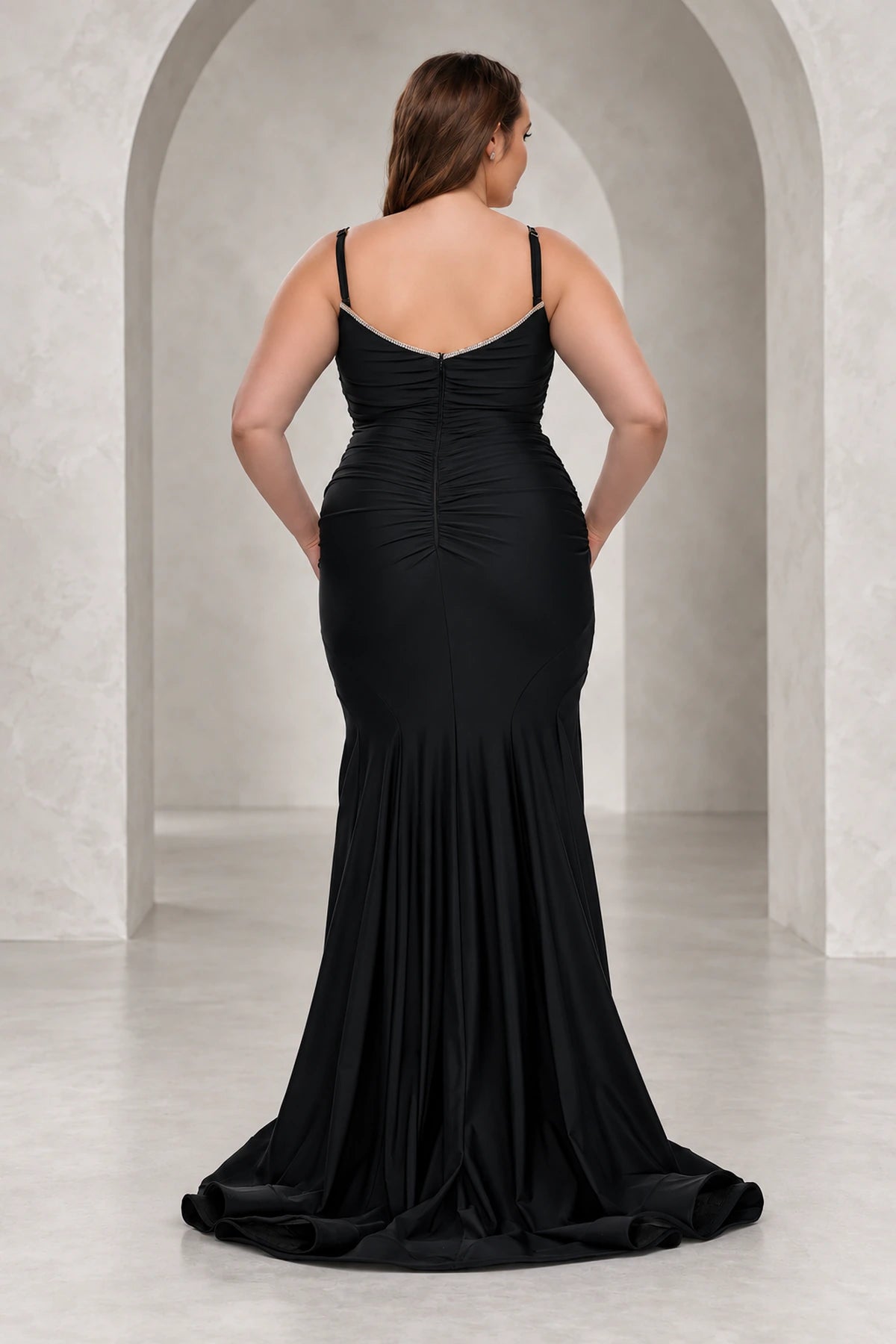 Elegant Jersey Mermaid V-Neck Sleeveless V-Back Floor-Length Plus Size Prom Dress