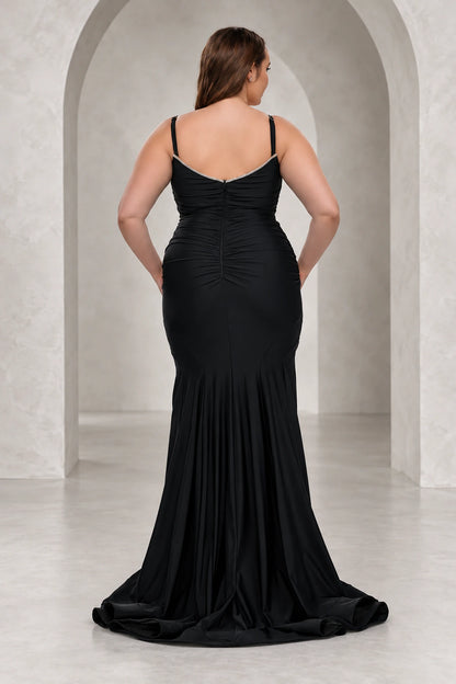 Elegant Jersey Mermaid V-Neck Sleeveless V-Back Floor-Length Plus Size Prom Dress