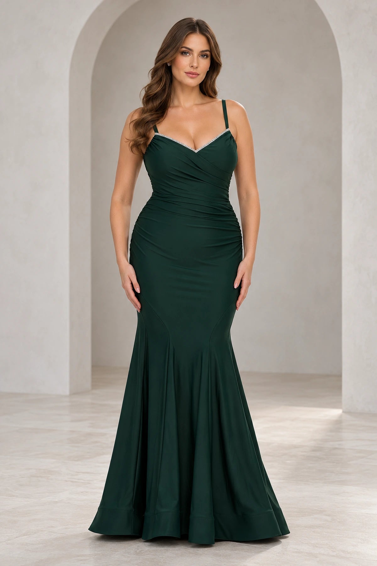 Elegant Jersey Mermaid V-Neck Sleeveless V-Back Floor-Length Plus Size Prom Dress
