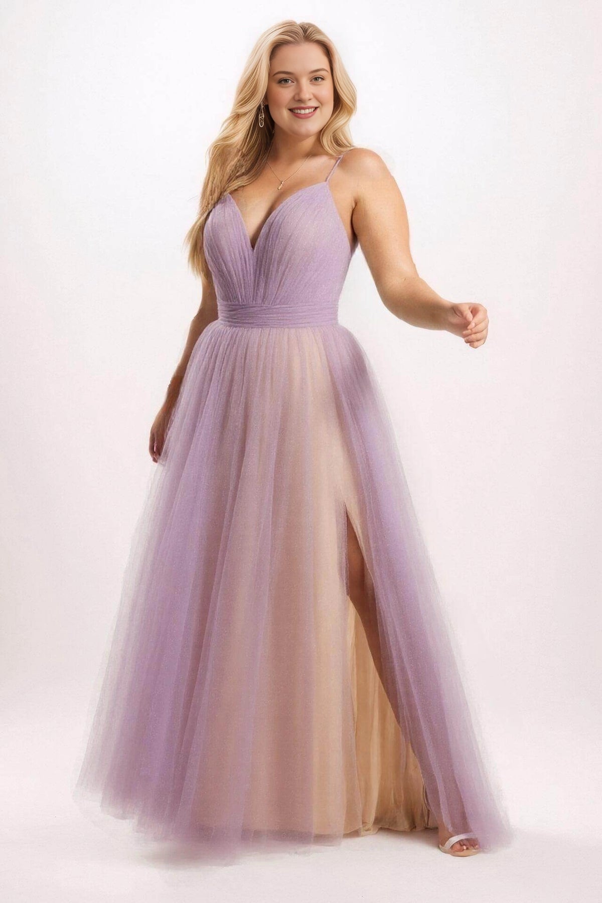 Lavender tulle A-line bridesmaid dress with a deep V-neck, spaghetti straps, pleated waistband and high slit, front view.