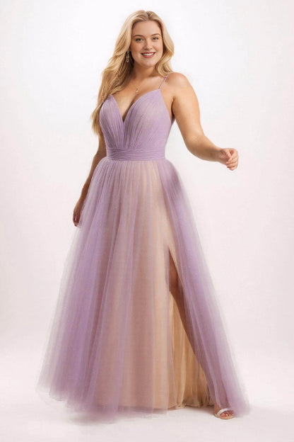 Lavender tulle A-line bridesmaid dress with a deep V-neck, spaghetti straps, pleated waistband and high slit, front view.