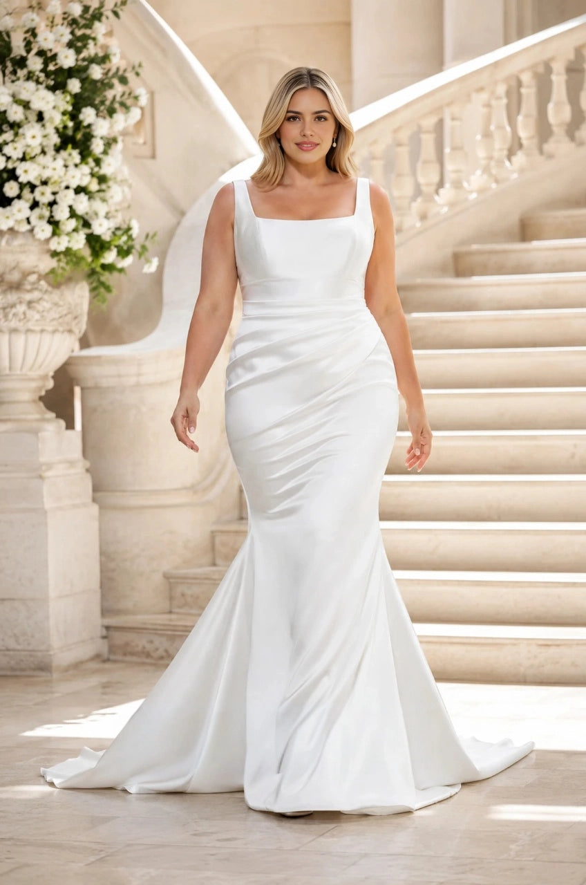 White plus size satin mermaid wedding dress with square neckline, wide straps, ruched waist and flowing train.