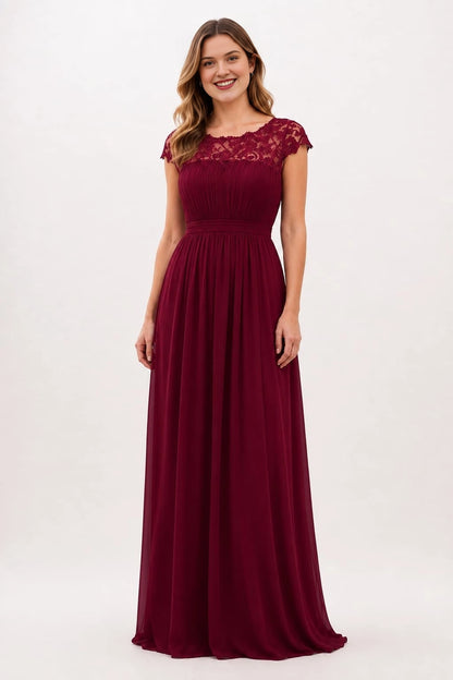 Romantic Chiffon A-Line Scoop-Neck Cap-Sleeve Keyhole-Back Floor-Length Plus Size Bridesmaid Dress