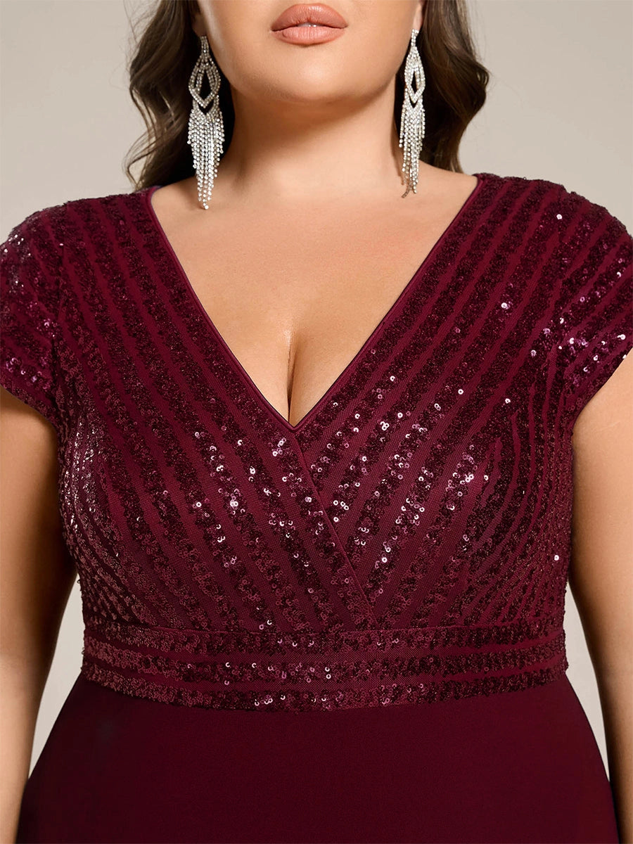 Plus Size Sequin Bodice V-Neck Cap Sleeve Asymmetrical Mother of Bride Dress