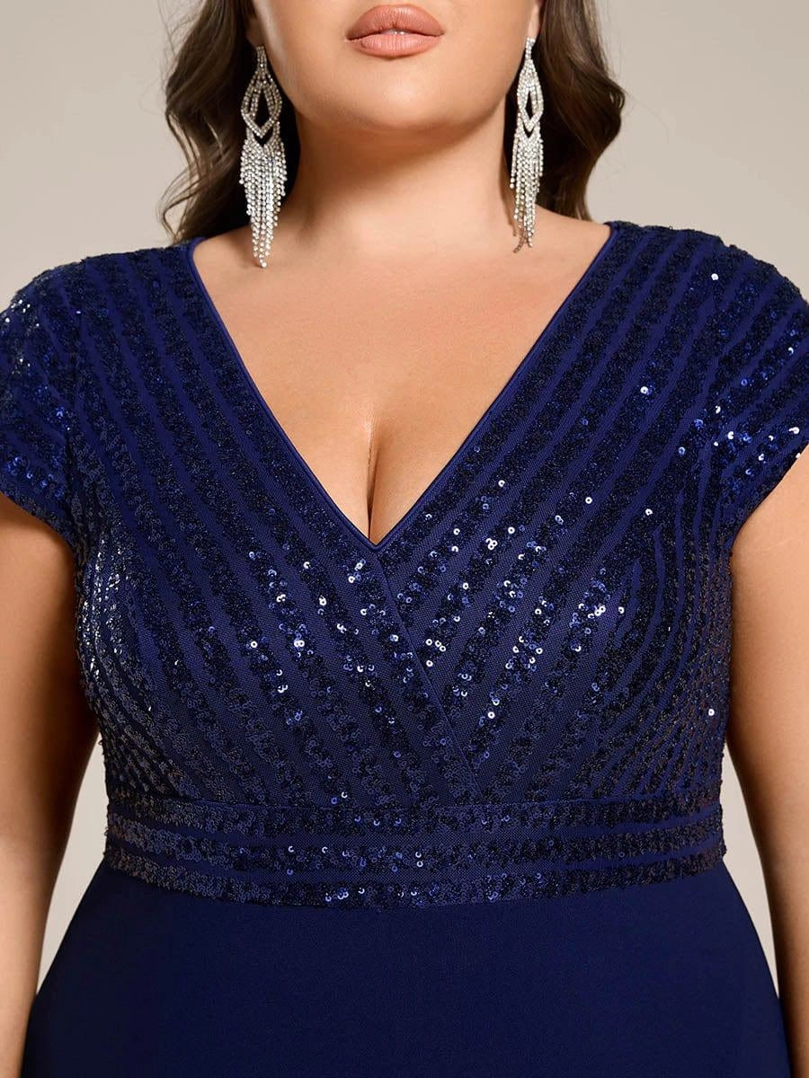 Plus Size Sequin Bodice V-Neck Cap Sleeve Asymmetrical Mother of Bride Dress