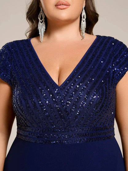 Plus Size Sequin Bodice V-Neck Cap Sleeve Asymmetrical Mother of Bride Dress