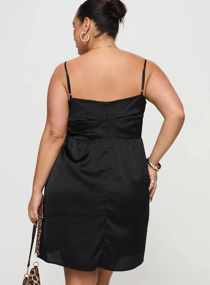 Plus size black satin homecoming dress featuring adjustable straps and center back zipper