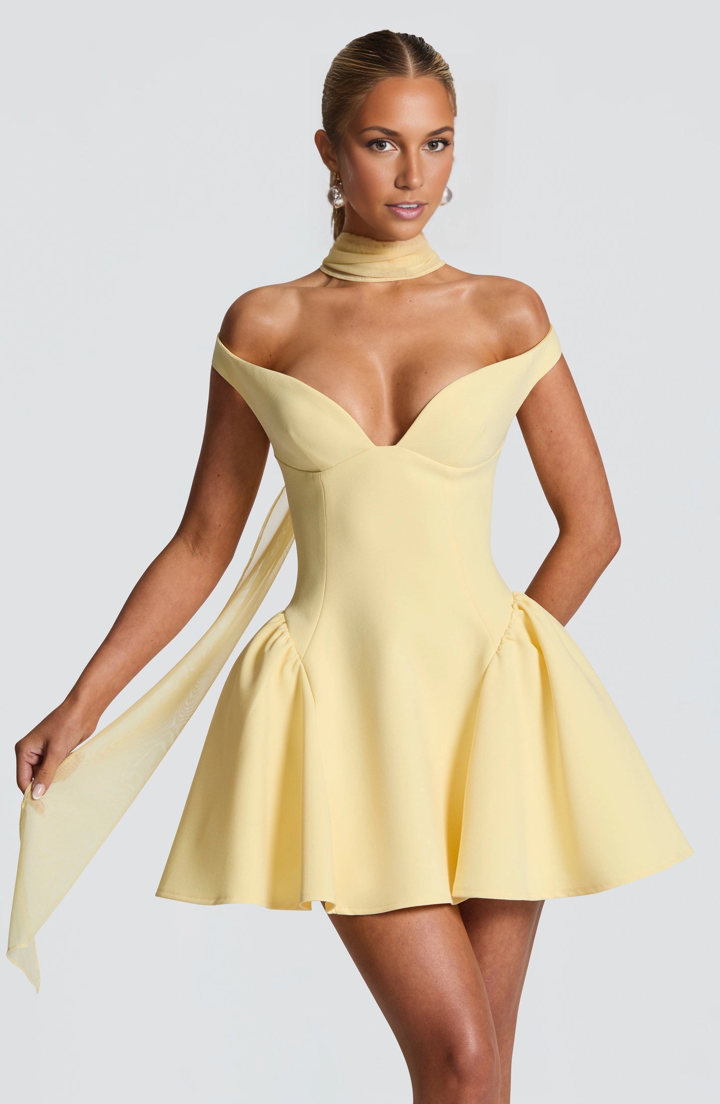 Flared Off Shoulder Deep V Open Back Mini Homecoming Dress