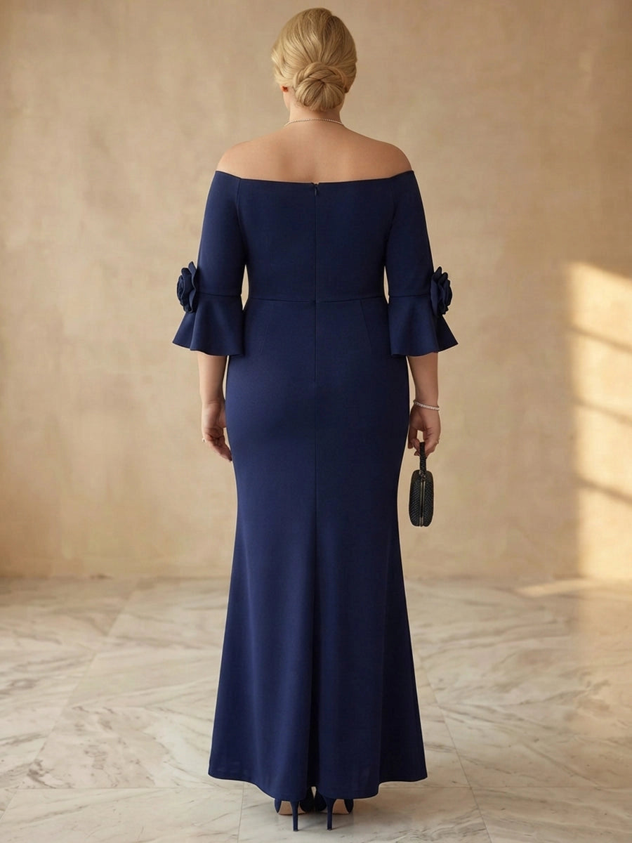 Long navy mother of the bride dress with off-shoulder back, bell sleeves and center-back zipper, back view