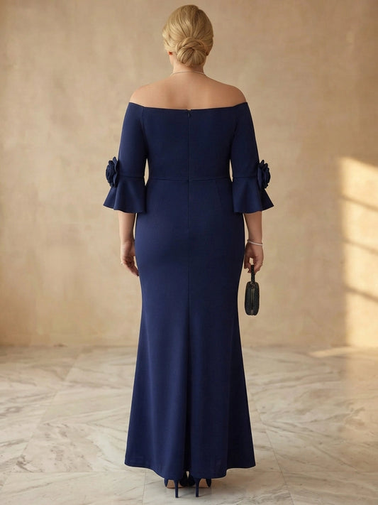 Long navy mother of the bride dress with off-shoulder back, bell sleeves and center-back zipper, back view