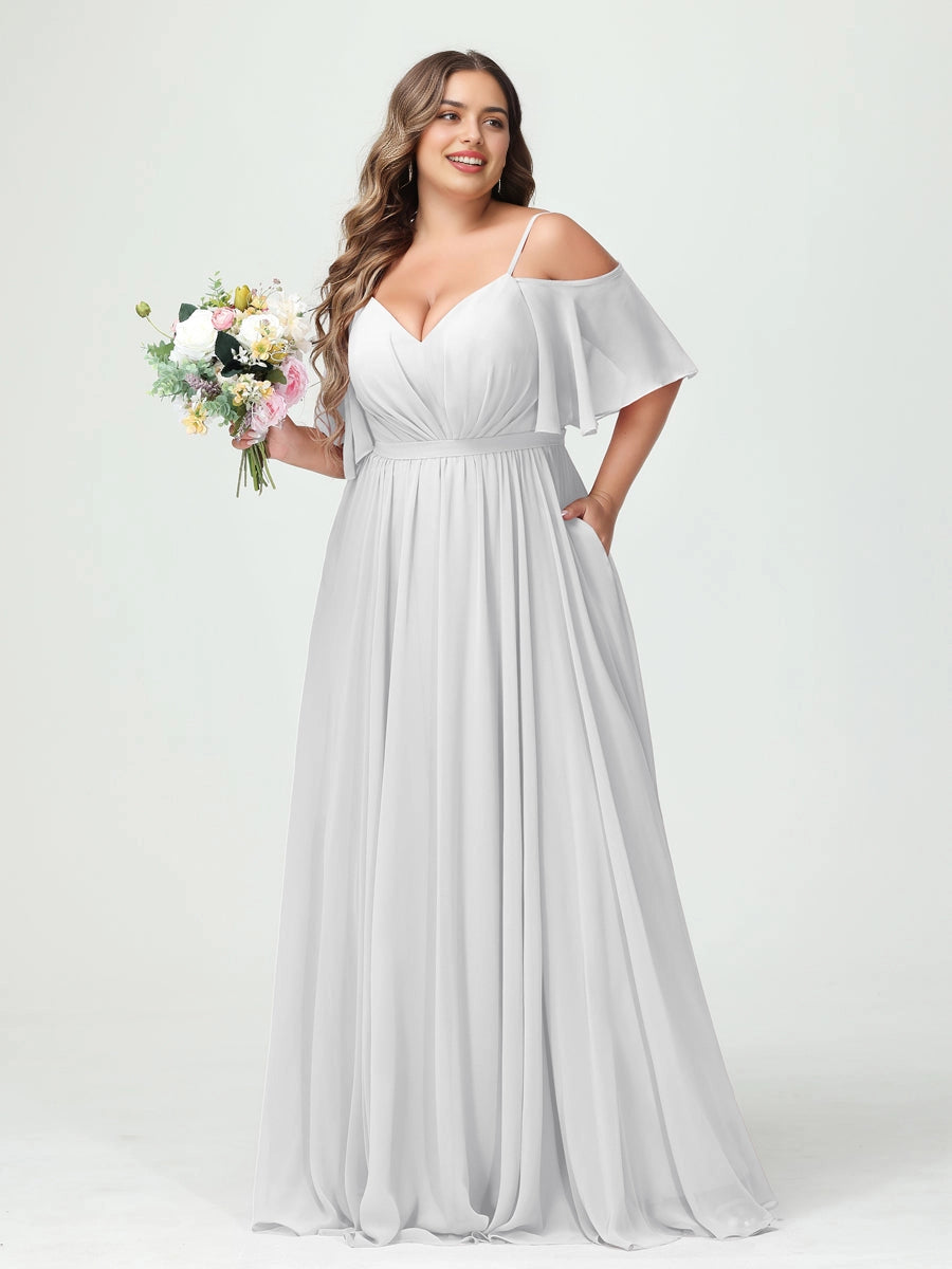 Romantic A-Line V Neck Off Shoulder Flutter Sleeve V Back Pocket Dusty Pink Chiffon Plus Size Mother Of The Bride Dress