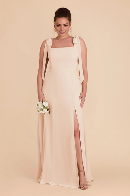Flowy Chiffon A‑Line Square Neck Tie‑Strap Square‑Back Slit Maxi Plus Size Bridesmaid Dress