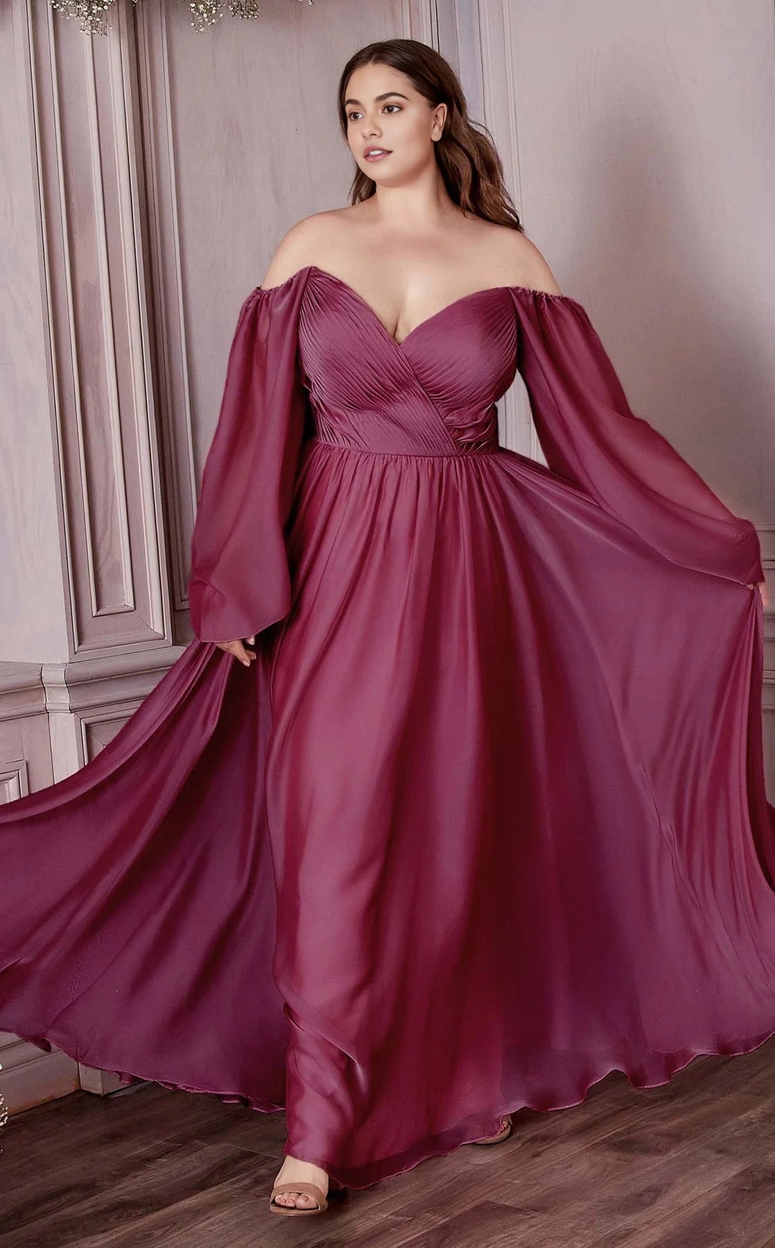 Roselledress Flowy A-Line Sweetheart Off-Shoulder Puff-Sleeve Zip-Back Floor-Length Plus Size Prom Dress