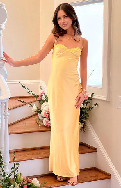 Lemon Yellow Slip Sweetheart Spaghetti Strap Open Back Long Prom Dress