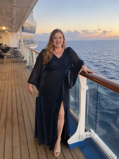 A-Line V-Neck Cape Sleeve Zip-Back Long Mother of the Bride Dress