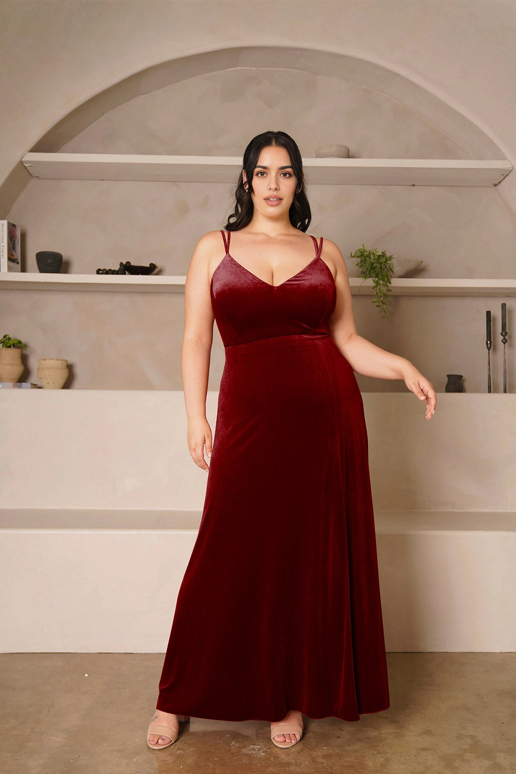 Elegant A-Line V-Neck Double Strap Zipper Back Long Plus Size Evening Dress