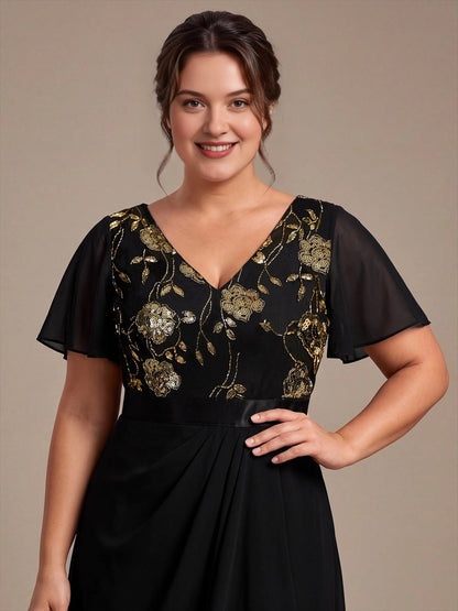 A-Line V-Neck Flutter Sleeve V-Back High-Low Mother of the Bride Dress