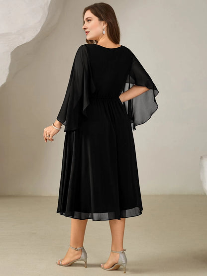 Plus Size A-Line V-Neck Cape Sleeve Elastic-Back Mother of the Bride Dress