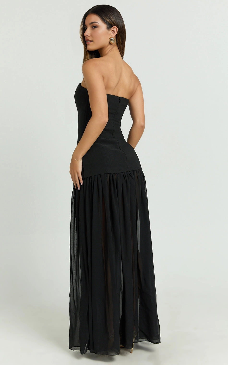 Roselledress strapless back zip plus size maxi dress back view, flowy sheer chiffon evening party dress
