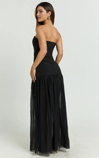 Roselledress strapless back zip plus size maxi dress back view, flowy sheer chiffon evening party dress
