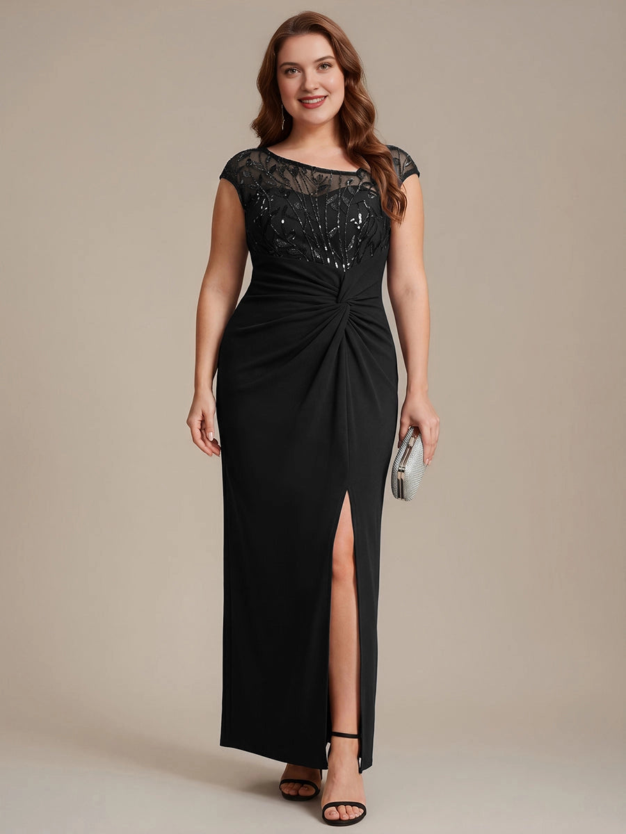 Elegant Sheath Bateau Neck Cap Sleeve Sheer Back Floor-Length Mother of the Bride Dress