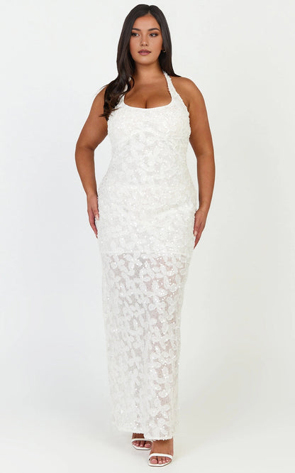 Halter Tie Back Floral Sequin Mesh Bodycon Plus Size Wedding Guest Dress