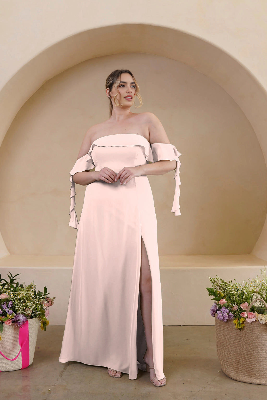 Elegant A-Line Straight Neck Ruffle Sleeve Zipper Back Floor Length Bridesmaid Dress