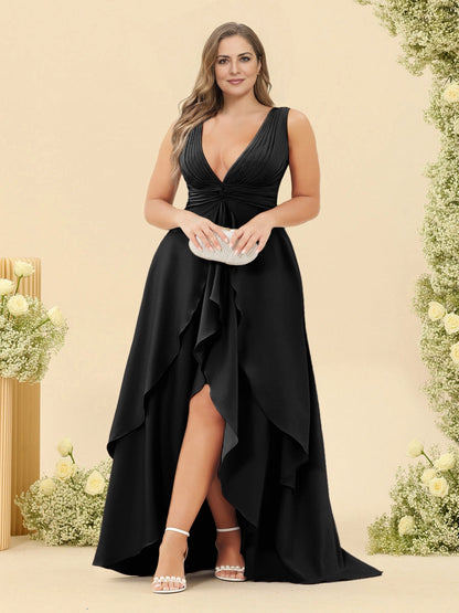 Roselledress Dusty Blue A-Line V-Neck Sleeveless V-Back High Low Chiffon Maxi Plus Size Mother Of The Bride Dress