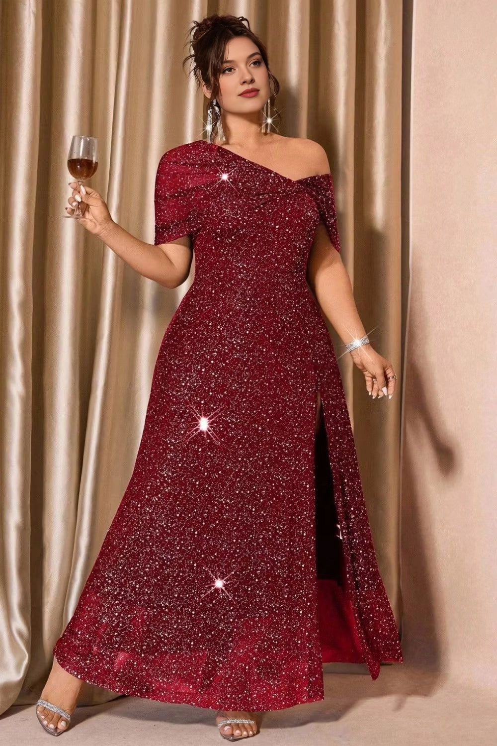 Glamorous Plus Size Sheath Off-the-Shoulder Long Evening Dress