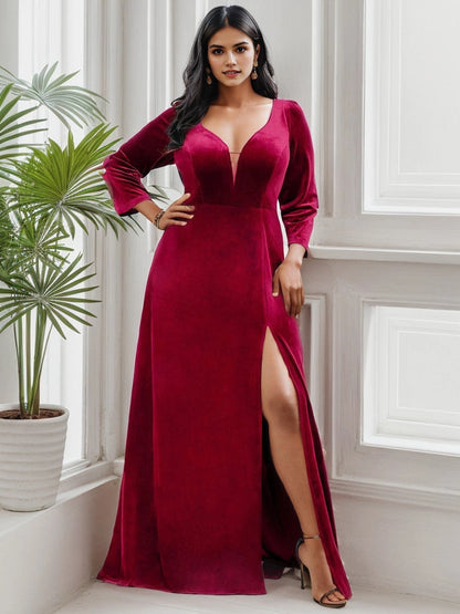 Gorgeous A‑Line V‑Neck 3/4‑Sleeve V‑Back Floor‑Length Plus Size Mother Of Bride Dress