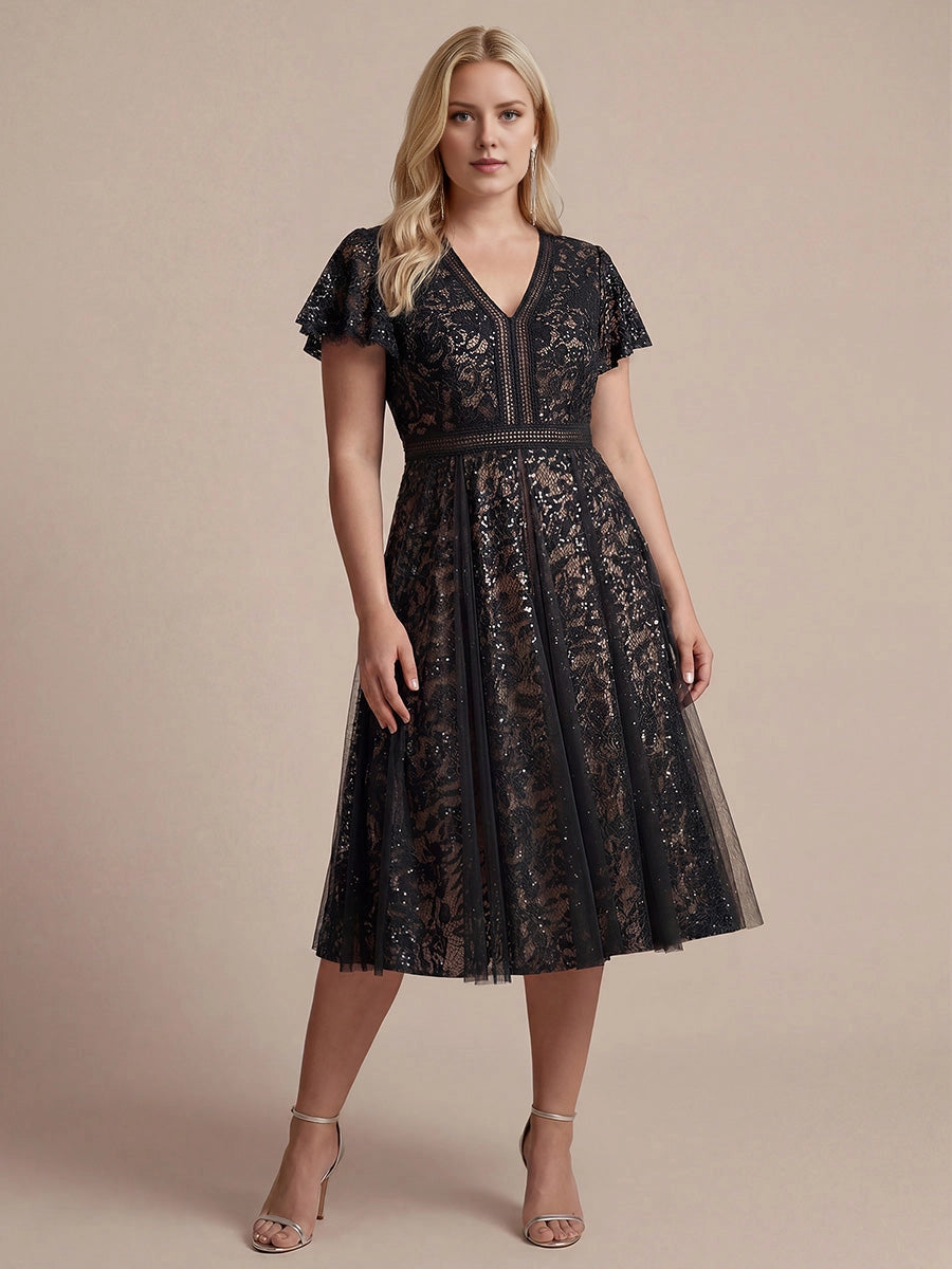 A-Line V Neck Flutter Sleeve Back Zipper Midi Length Plus Size Sequin Lace Wedding Guest Dress