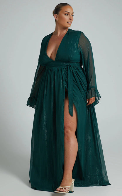 Boho A Line V Neck Bell Sleeve Tie Waist Chiffon Plus Size Wedding Guest Dress