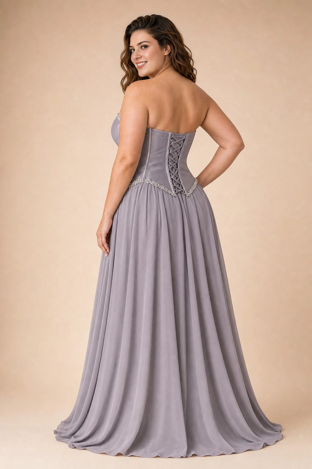 Roselledress gray chiffon formal dress back view, strapless lace-up corset back plus size evening gown