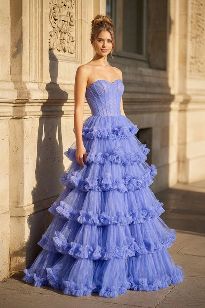 Roselledress Tiered A-Line Sweetheart Strapless Corset Lace-Up Back Ruffle Tulle Plus Size Prom Dress