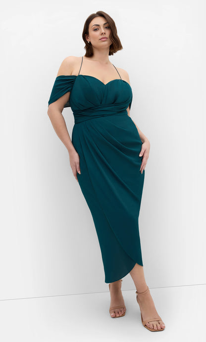 Dusty Rose Off‑The‑Shoulder Criss‑Cross Back Midi Plus Size Wedding Guest Dress