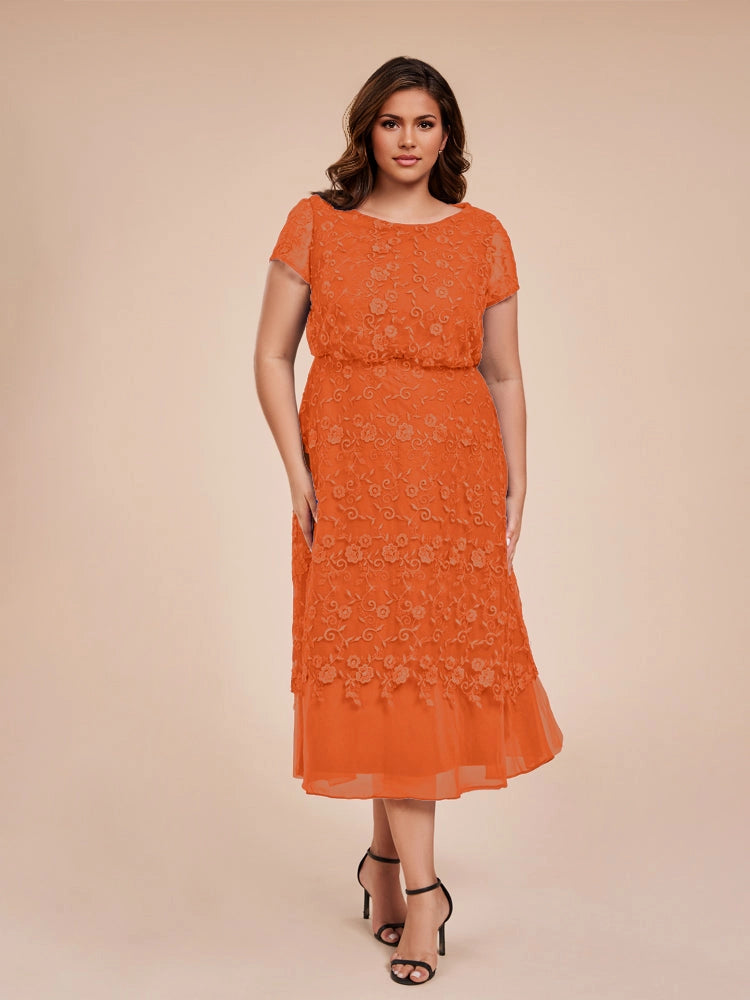 Elegant A‑Line Round Neck Short Sleeve Zipper‑Back Midi Length Formal Plus Size Mother Of The Bride Dress