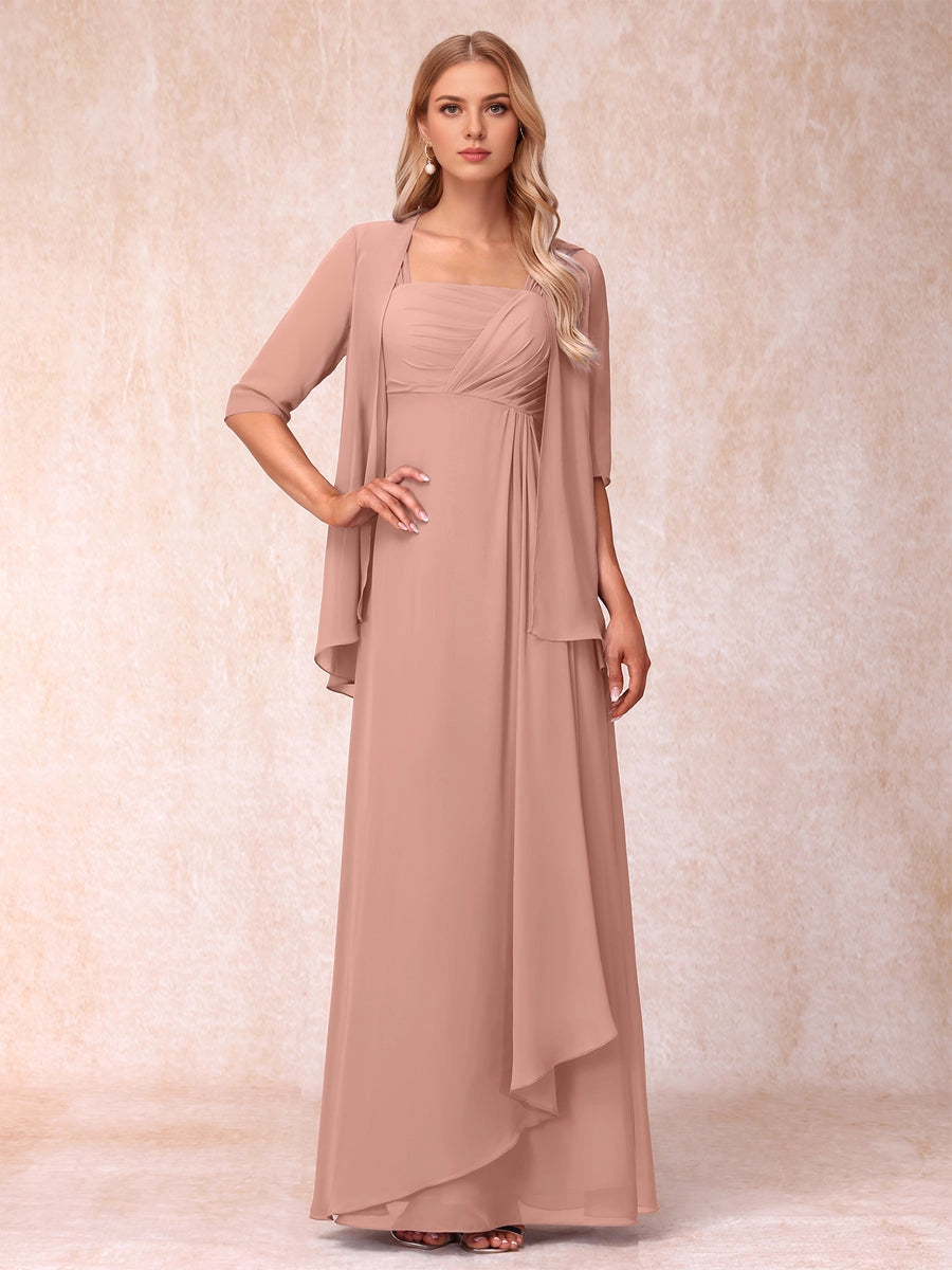 Soft A Line Square 3/4 Sleeve Solid Back Two Piece Long Mother Of Bride Dress