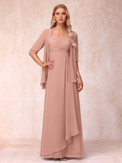 Soft A Line Square 3/4 Sleeve Solid Back Two Piece Long Mother Of Bride Dress
