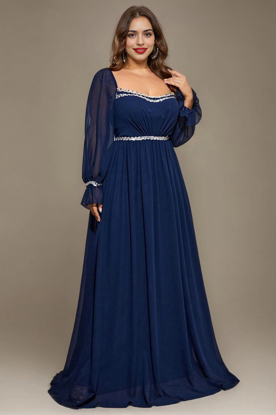 Olive Green Plus Size A-Line Square Long Sleeve Criss Cross Back Long Prom Dress